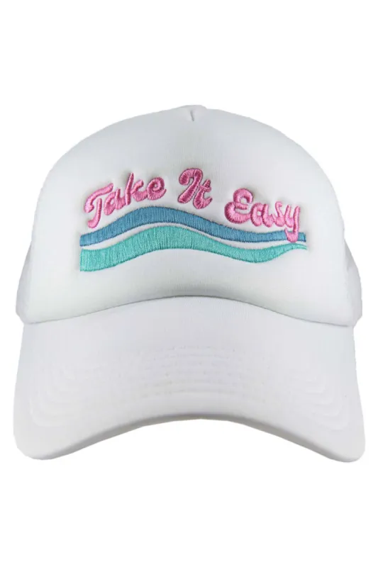 Take it Easy Embroideed Trucker Hat - White sold by Buddy Love