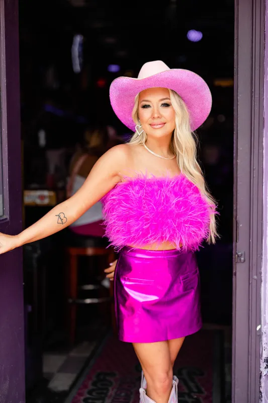 Fancy Strapless Feather Crop Top - Magenta sold by Buddy Love