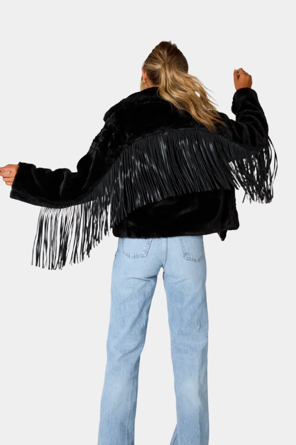 Skylar Fringe Faux Fur Jacket - Black sold by Buddy Love product image thumbnail 4