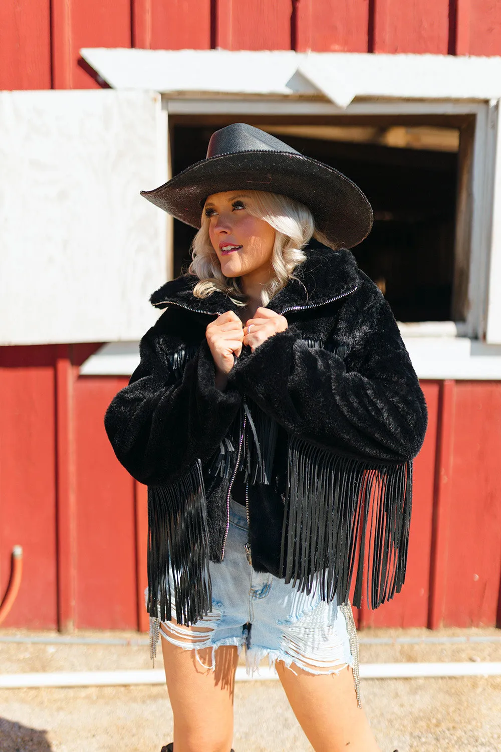 Skylar Fringe Faux Fur Jacket - Black sold by Buddy Love product image thumbnail 5