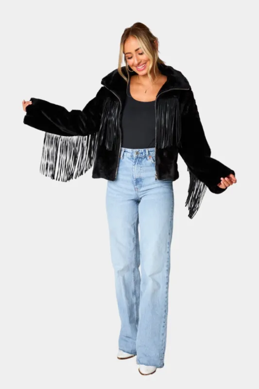 Skylar Fringe Faux Fur Jacket - Black sold by Buddy Love