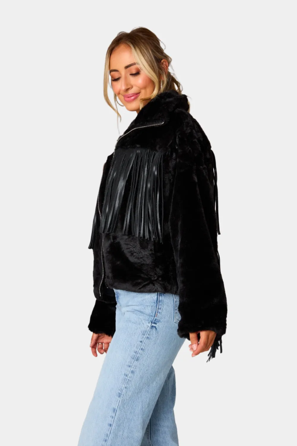 Skylar Fringe Faux Fur Jacket - Black sold by Buddy Love product image thumbnail 3