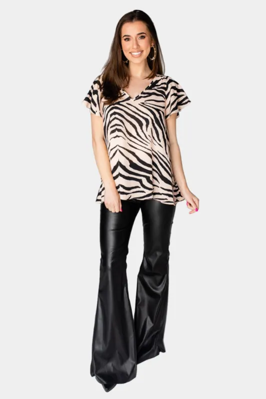 Avril Flutter Sleeve V-Neck Top - Zebra Striped sold by Buddy Love