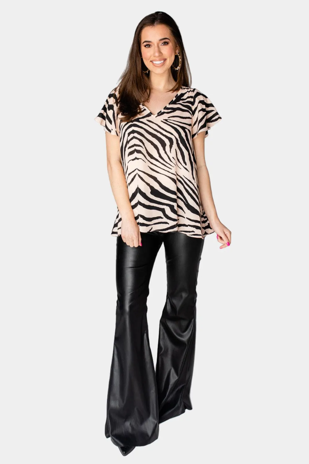 Avril Flutter Sleeve V-Neck Top - Zebra Striped sold by Buddy Love