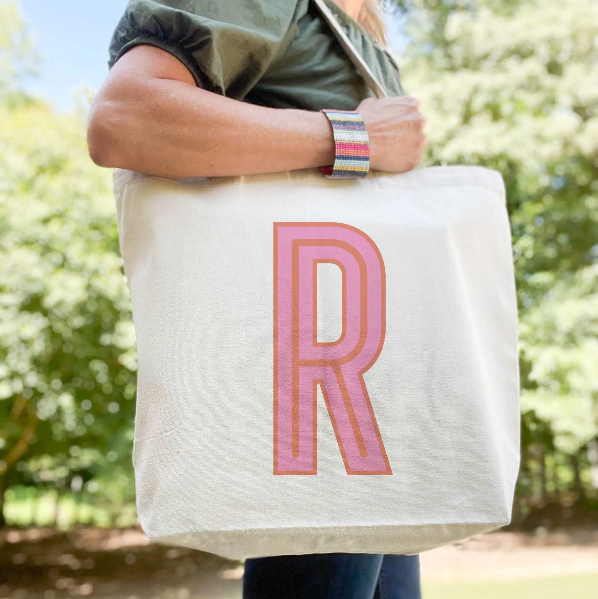 Canvas Tote - Single Initial - Pink Orange - NEW! sold by Buddy Love product image thumbnail 2