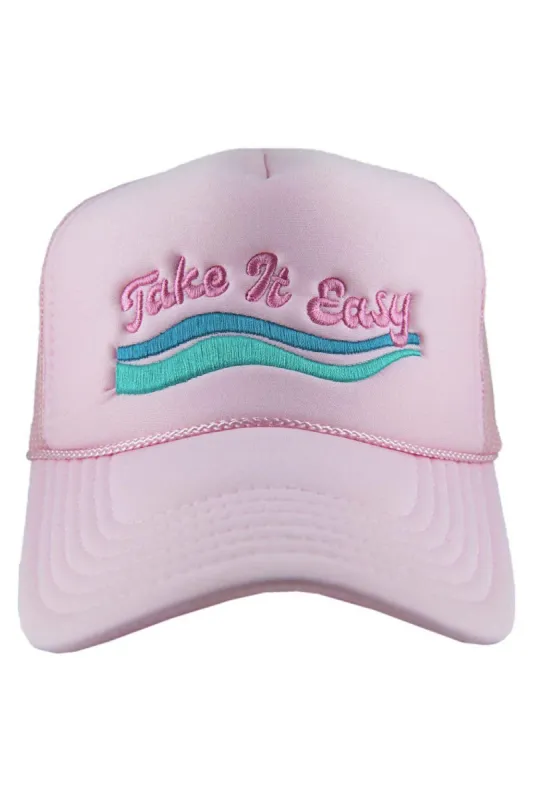 Take it Easy Embroideed Trucker Hat - Light Pink sold by Buddy Love