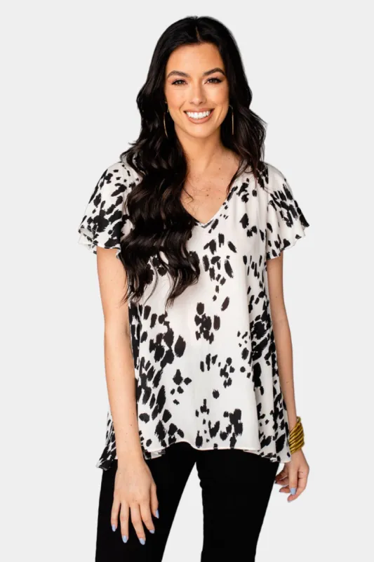 Avril Flutter Sleeve V-Neck Top - Snow Leopard sold by Buddy Love