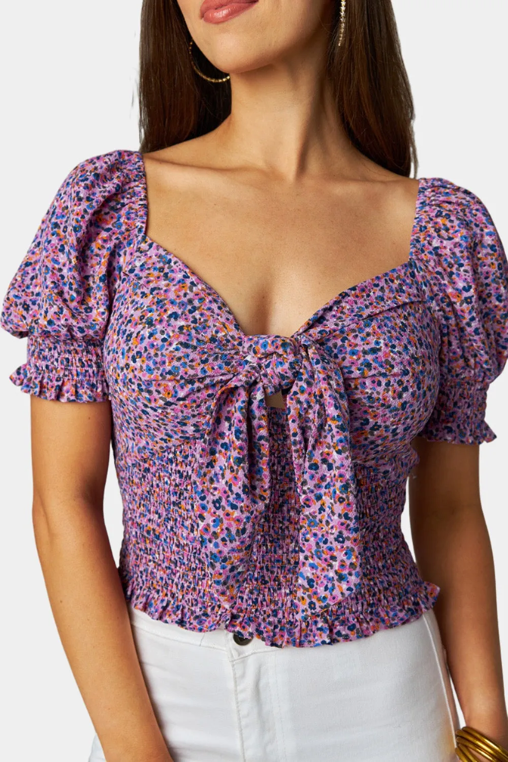 Millie Smocked Tie Front Top - Ditzy Purple sold by Buddy Love product image thumbnail 4