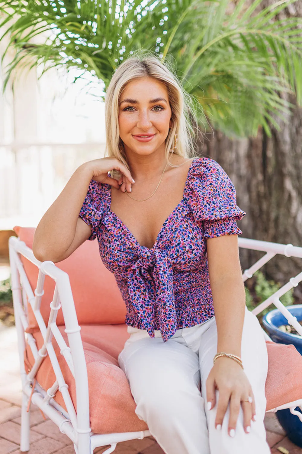 Millie Smocked Tie Front Top - Ditzy Purple sold by Buddy Love product image thumbnail 2