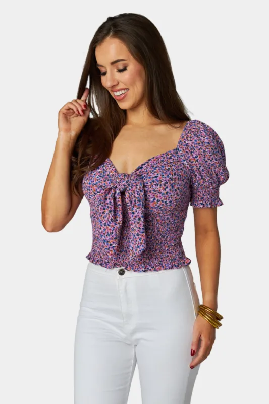 Millie Smocked Tie Front Top - Ditzy Purple sold by Buddy Love