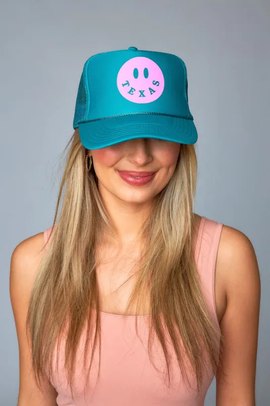 Texas Happy Face Trucker Hat - Teal sold by Buddy Love