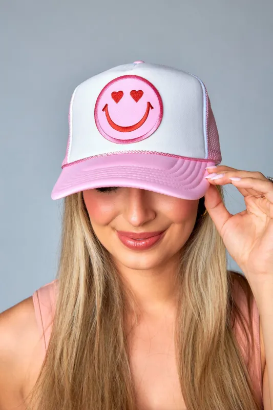 Heart Eyes Happy Face Trucker Hat - Light Pink sold by Buddy Love