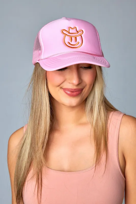 Cowboy Happy Face Trucker Hat - Light Pink sold by Buddy Love