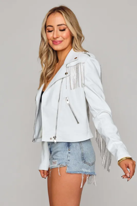 BuddyLove Rife Crystal Fringe Vegan Leather Jacket - White made by Buddy Love
