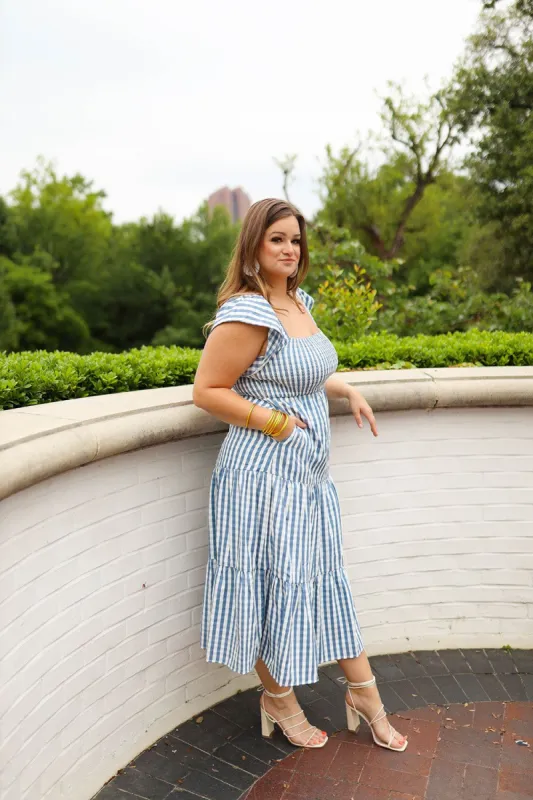 BuddyLove Brynn Ruffle Shoulder Midi Dress - Blue Checker sold by Buddy Love