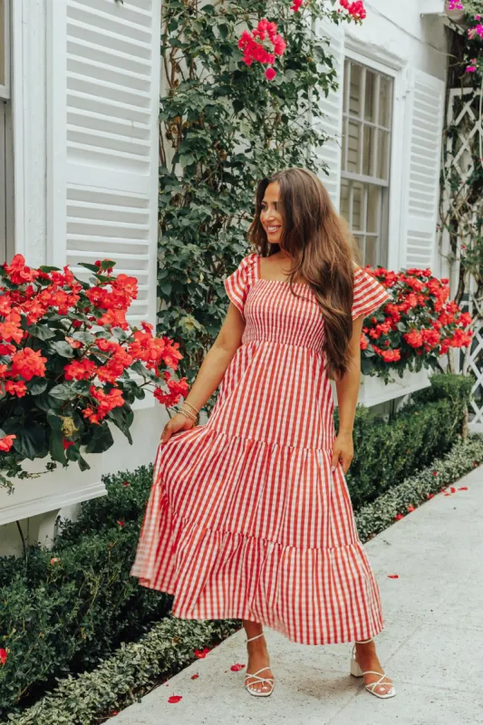 BuddyLove Brynn Ruffle Shoulder Midi Dress - Red Checker sold by Buddy Love