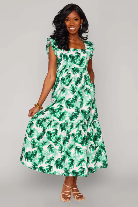 Anastasia Ruffle Shoulder Midi Dress - Palm Pretty sold by Buddy Love