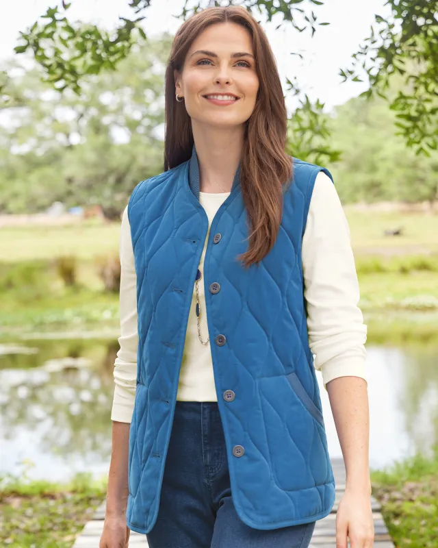 Appleseeds Women's Knit-Collar Quilted Vest - Blue - PL - Petite sold by Buff