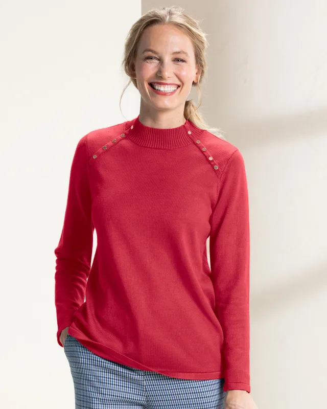 Appleseeds Women's Madison Button-Trim Mockneck - Red - S - Misses sold by Buff