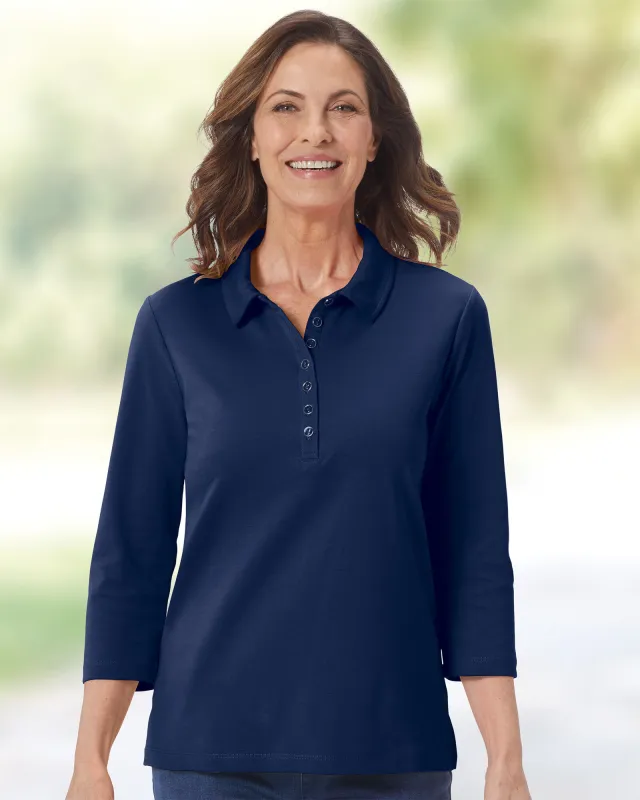 Appleseeds Women's Essential Cotton Solid Three-Quarter-Sleeve Polo - Blue - M - Misses sold by Buff
