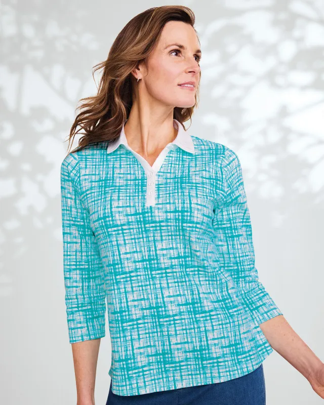 Appleseeds Women's Essential Cotton Watercolor Grid Three-Quarter Sleeve Polo - Blue - XL - Misses sold by Buff