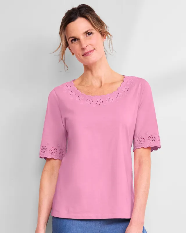 Appleseeds Women's Prima Cotton™ Scalloped Eyelet Tee  - Pink - PL - Petite sold by Buff