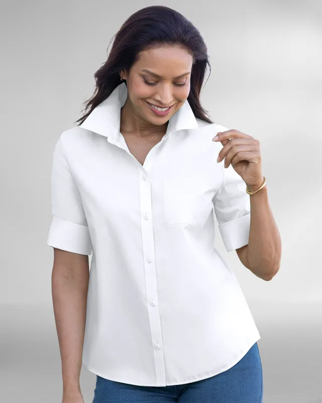 Appleseeds Women's Foxcroft® Elbow-Sleeve Camp Shirt - White - 16 - Misses sold by Buff