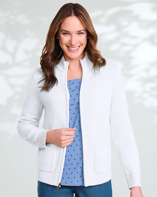 Appleseeds Women's Bayside Cotton Zip-Front Cardigan - White - PXL - Petite sold by Buff