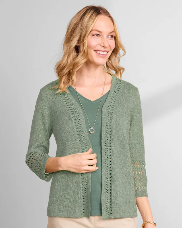 Appleseeds Women's Linen/Cotton Crochet-Trim Cardigan  - Green - PS - Petite sold by Buff