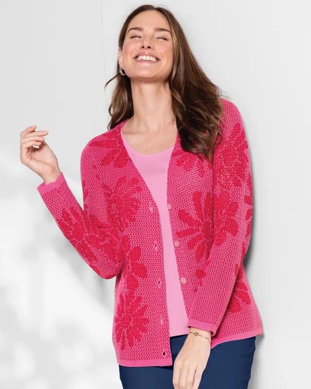 Appleseeds Women's Textured Floral Jacquard Cardigan - Multi - S - Misses sold by Buff
