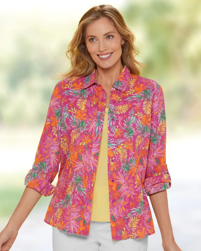 Appleseeds Women's Crinkled Cotton Tropical Print Shirt - Multi - PS - Petite sold by Buff