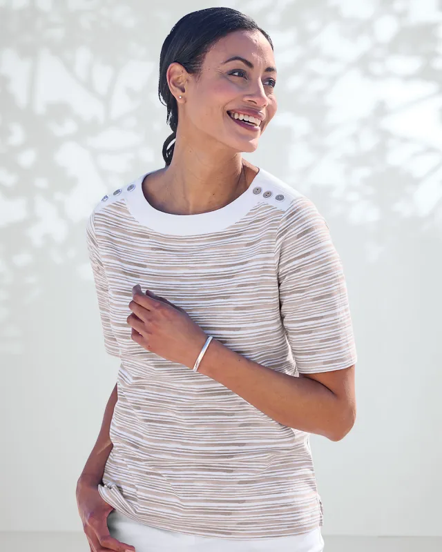 Appleseeds Women's Prima™ Cotton Brushstroke Stripe Button-Trim Bateau Tee - Tan - 3X - Womens Plus sold by Buff