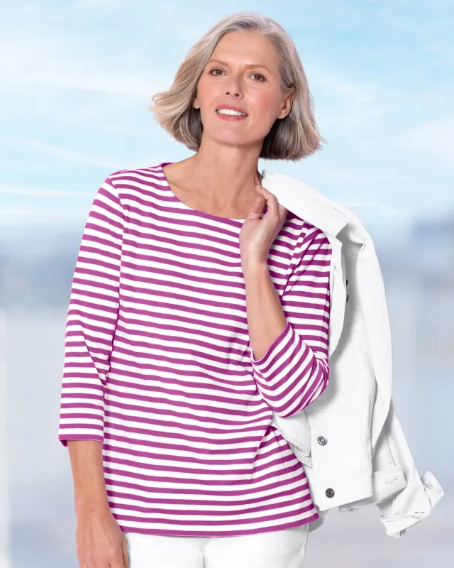 Appleseeds Women's Essential Cotton Striped Three-Quarter-Sleeve Tee - Multi - 2X - Womens Plus sold by Buff