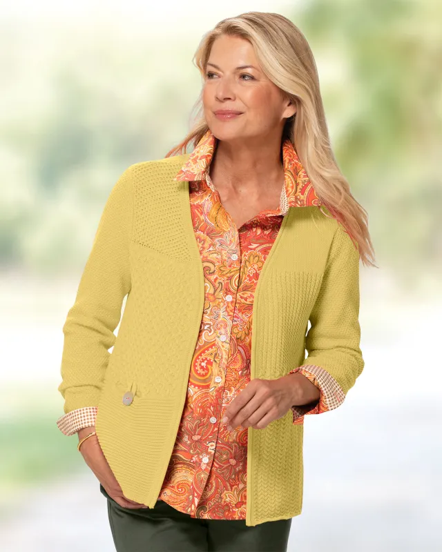 Appleseeds Women's Bayside Cotton Mixed-Stitch Cardigan - Yellow - PL - Petite sold by Buff