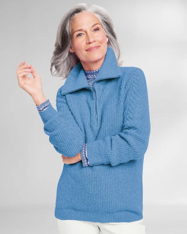 Appleseeds Women's Shaker & Cable Quarter-Zip Sweater - Blue - L - Misses sold by Buff