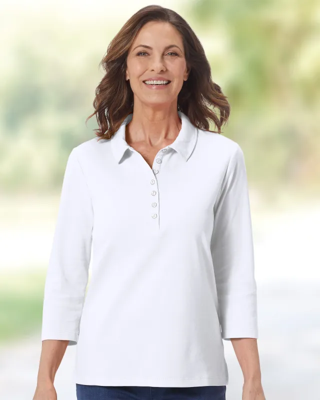 Appleseeds Women's Essential Cotton Solid Three-Quarter-Sleeve Polo - White - 2X - Womens Plus sold by Buff