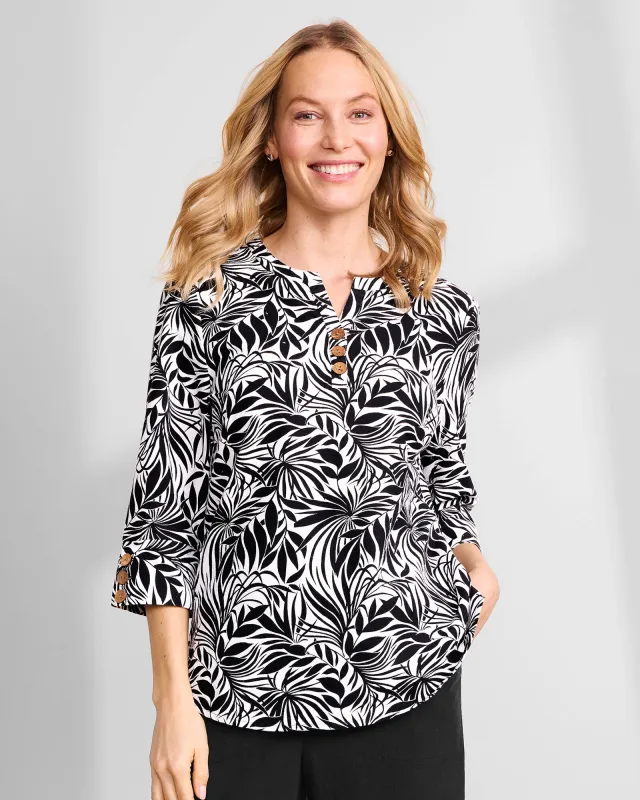 Appleseeds Women's Captiva Y-Neck Stenciled Palms Popover  - Black - S - Misses sold by Buff