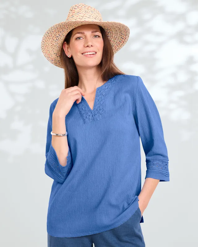 Appleseeds Women's Easy Breezy Lace-Trim Tunic - Blue - PS - Petite sold by Buff