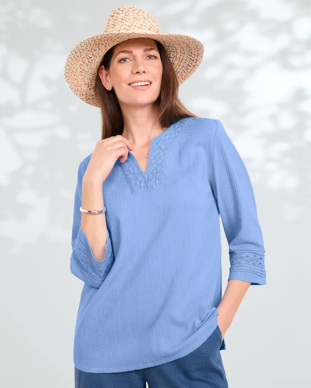 Appleseeds Women's Easy Breezy Lace-Trim Tunic - Blue - 2X - Womens Plus sold by Buff