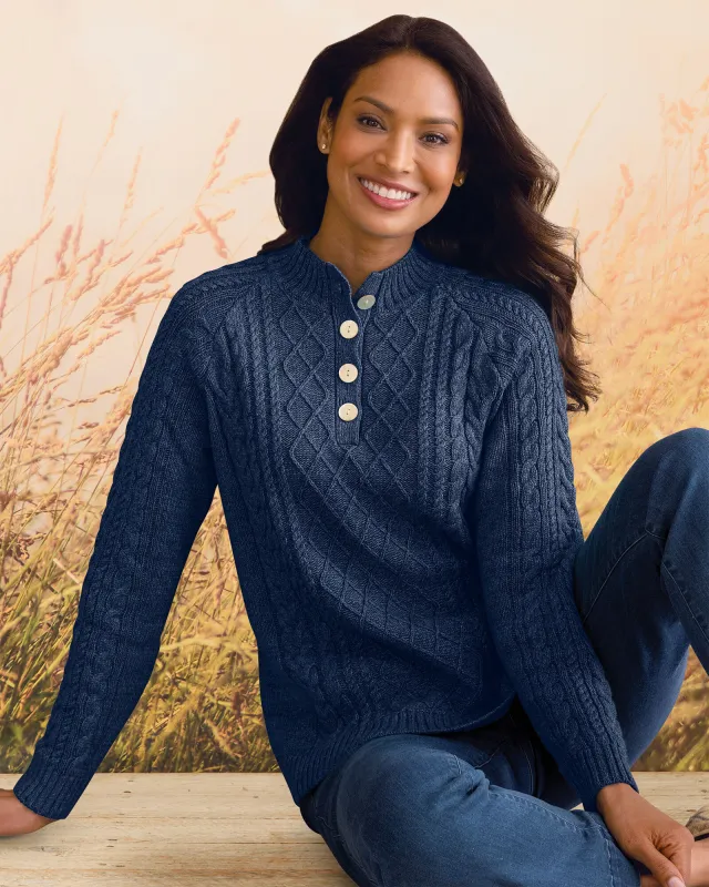 Appleseeds Women's Bayside Cotton Cable Henley Sweater - Blue - 1X - Womens Plus sold by Buff