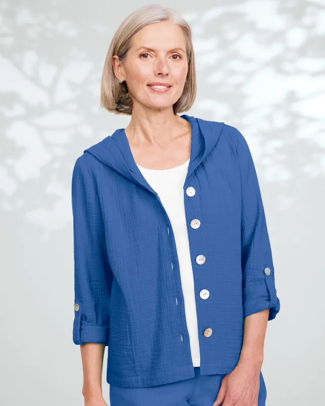 Appleseeds Women's Nantucket Textured-Cotton Hooded Jacket - Blue - PM - Petite sold by Buff