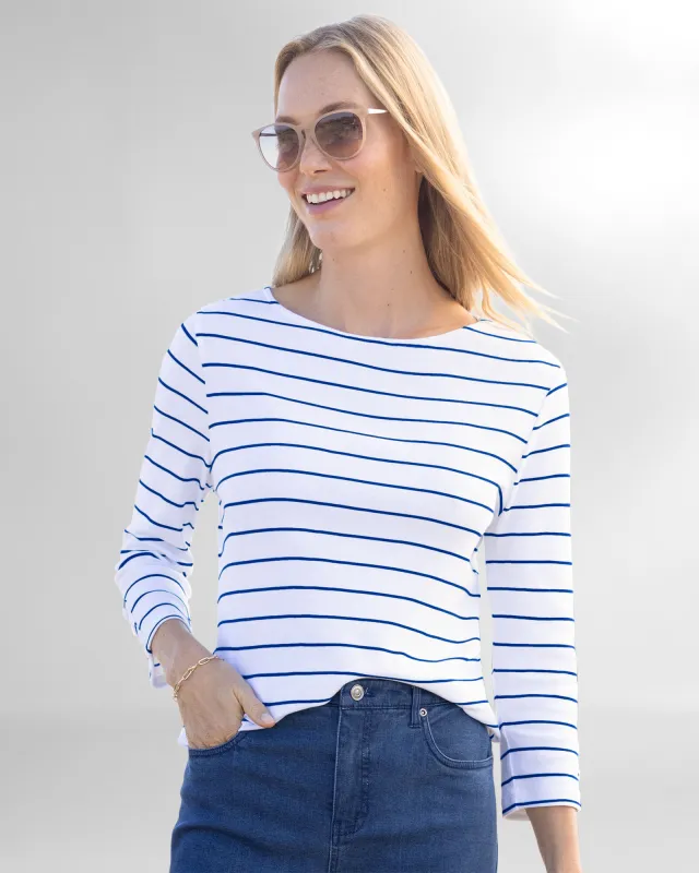 Appleseeds Women's Coastal Cotton Striped Bateau-Neck Tee - Multi - XL - Misses sold by Buff