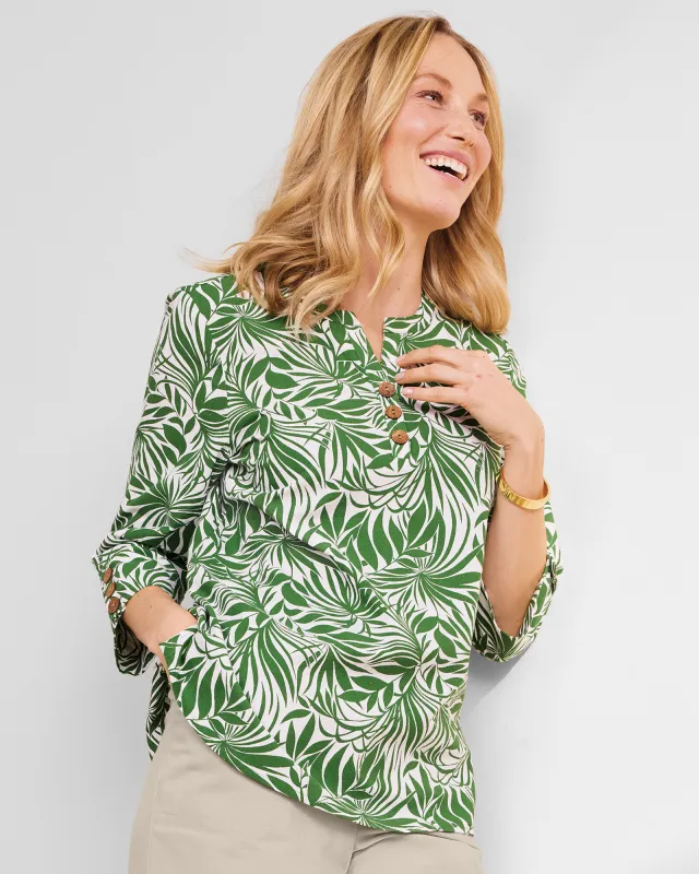 Appleseeds Women's Captiva Y-Neck Stenciled Palms Popover  - Green - PL - Petite sold by Buff