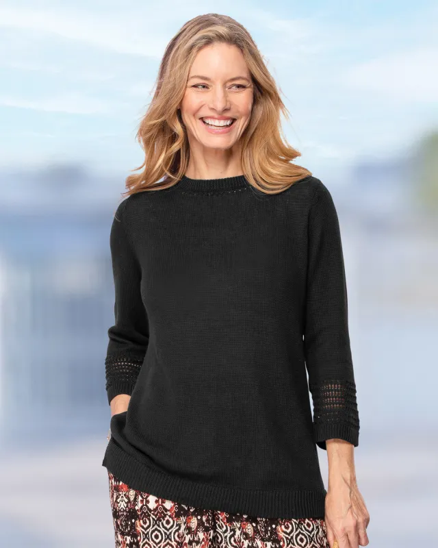 Appleseeds Women's Linen/Cotton Crochet-Trim Pullover - Black - PL - Petite sold by Buff