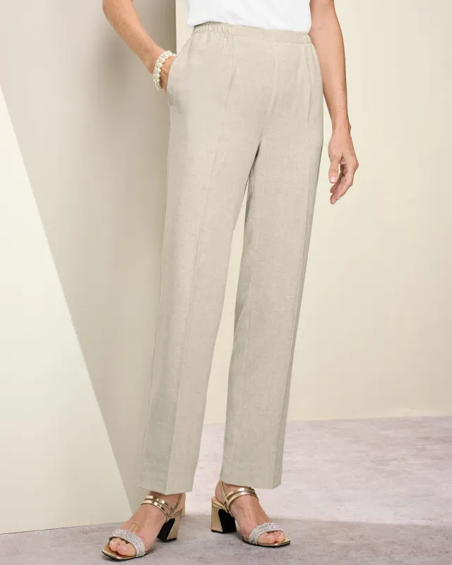 Appleseeds Women's Look-of-Linen Straight Leg Pull-On Pants - Tan - PS - Petite Short sold by Buff