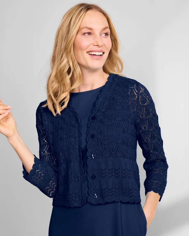 Appleseeds Women's Mixed-Stitch Cardigan Shrug  - Blue - PM - Petite sold by Buff