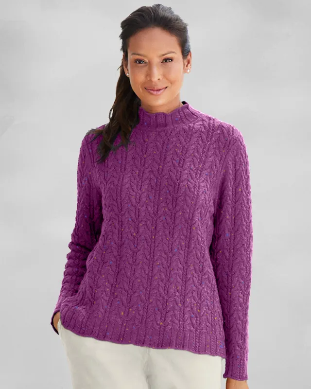 Appleseeds Women's Donegal Braided Cabled Mockneck Sweater - Purple - PXL - Petite sold by Buff