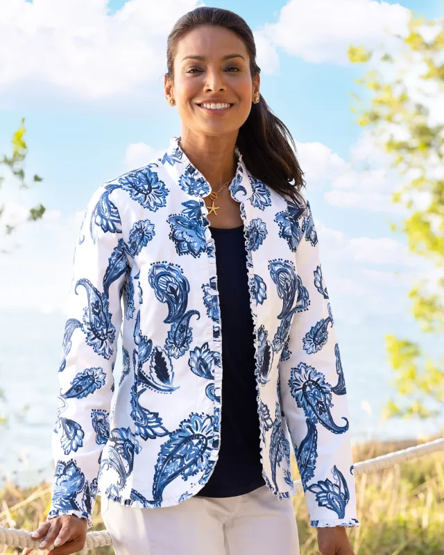 Appleseeds Women's Porcelain Paisley Ruffle-Trim Jacket - Blue - PXL - Petite sold by Buff