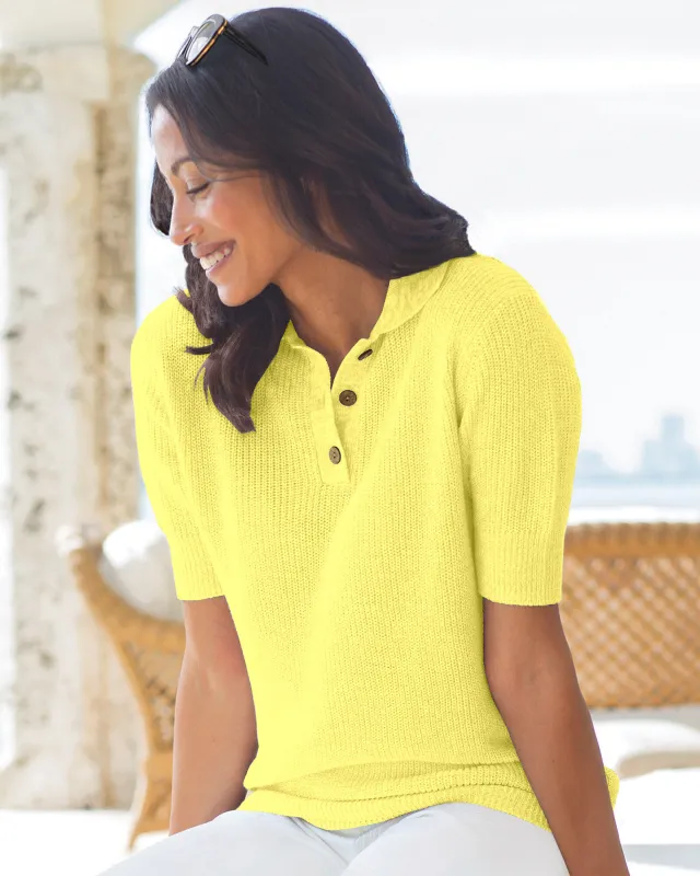 Appleseeds Women's Elbow-Sleeve Linen/Cotton Polo Sweater - Yellow - PM - Petite sold by Buff