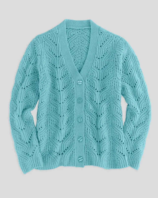 Appleseeds Women's Pointelle V-Neck Cardigan - Blue - L - Misses sold by Buff